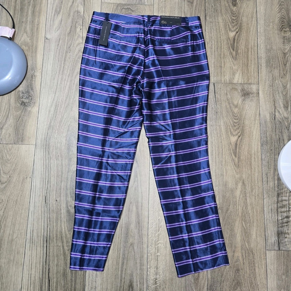 NWT Banana Republic Ryan Navy Blue Purple Striped Satin Trouser Pants Size 6S - Picture 8 of 8